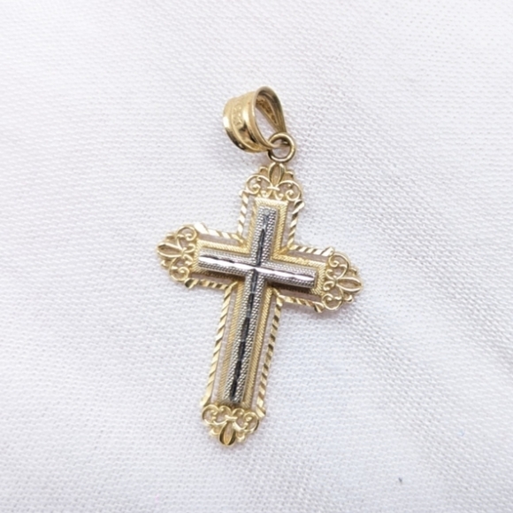14K Two-Tone Solid Gold Vintage Cross Pendant 1.6g 1.25"H - Picture 2 of 11